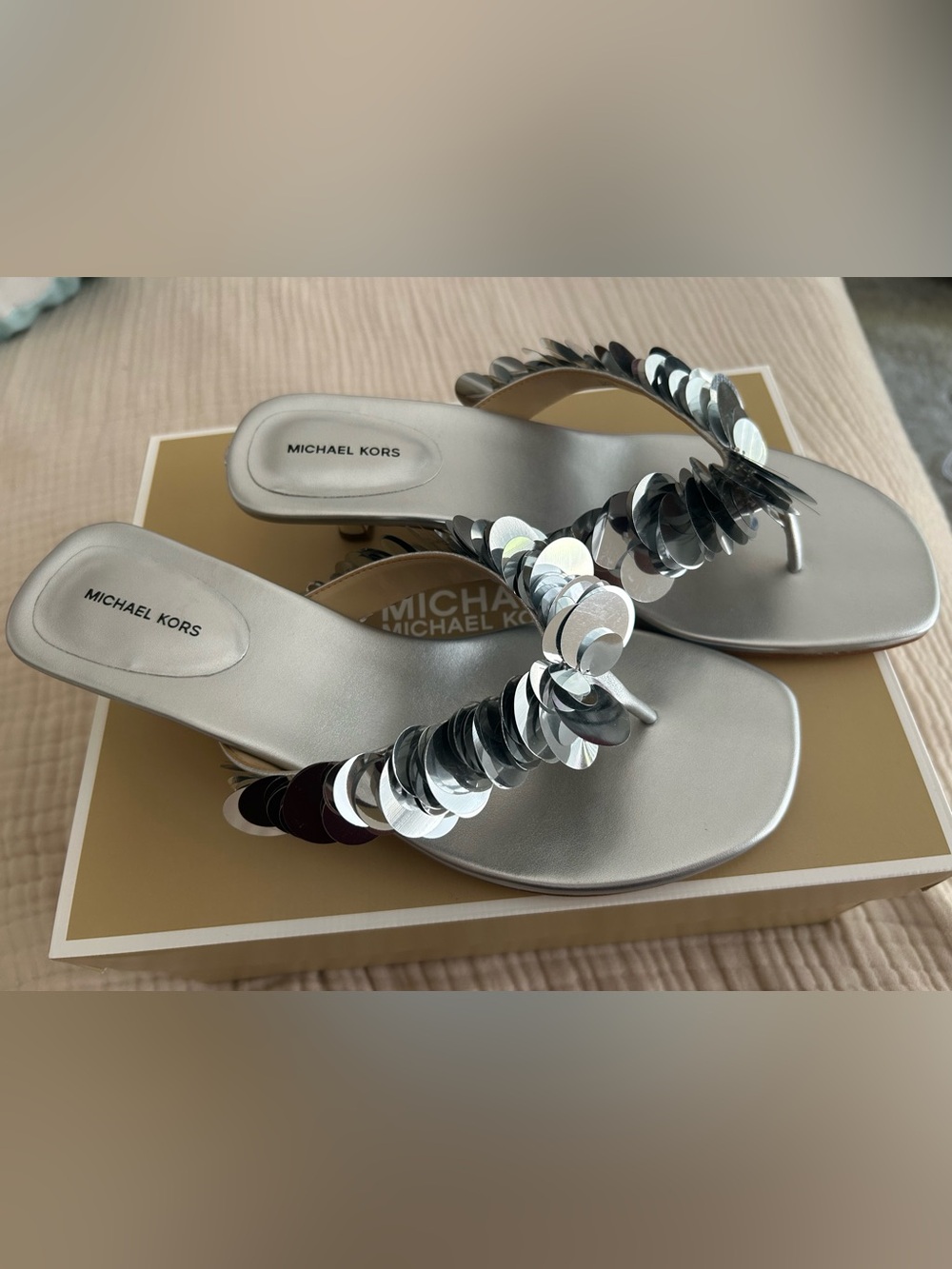 Michael Kors Metallic Silver Sequin Toe-Post Sandals